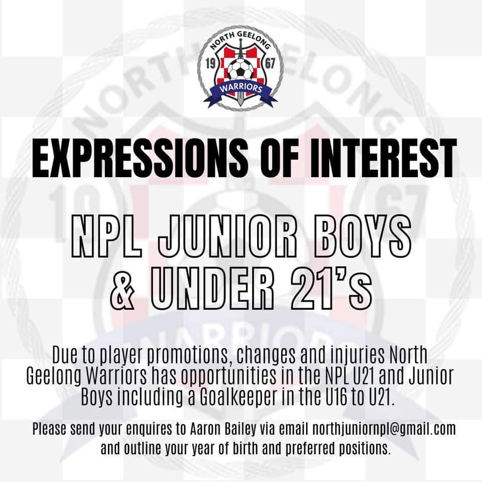 NPL juniors and under 21’s – Expressions of interest!